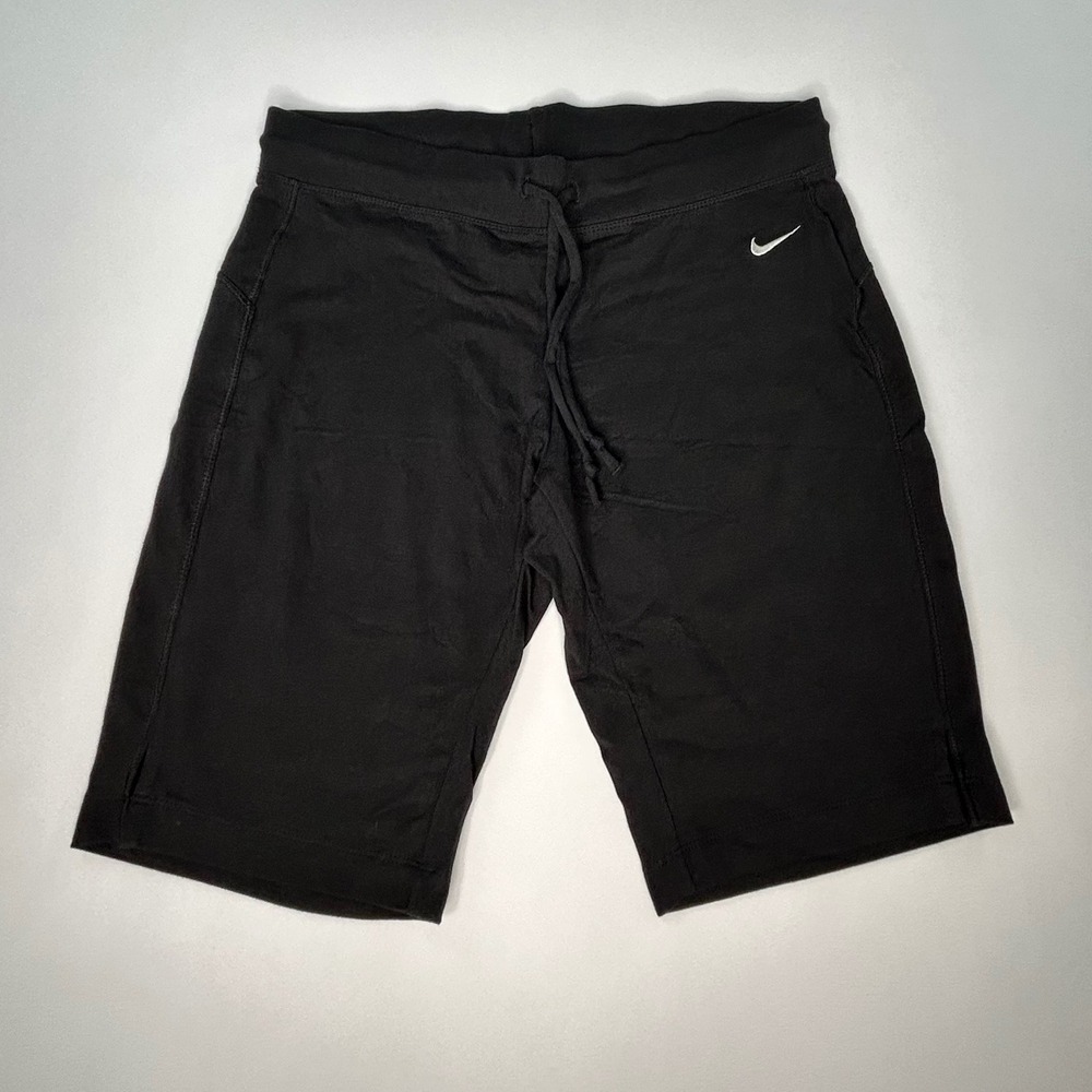 Nike Womens Athletic Shorts M Black 9.5" Inseam Cotton Blend Drawstring Swoosh